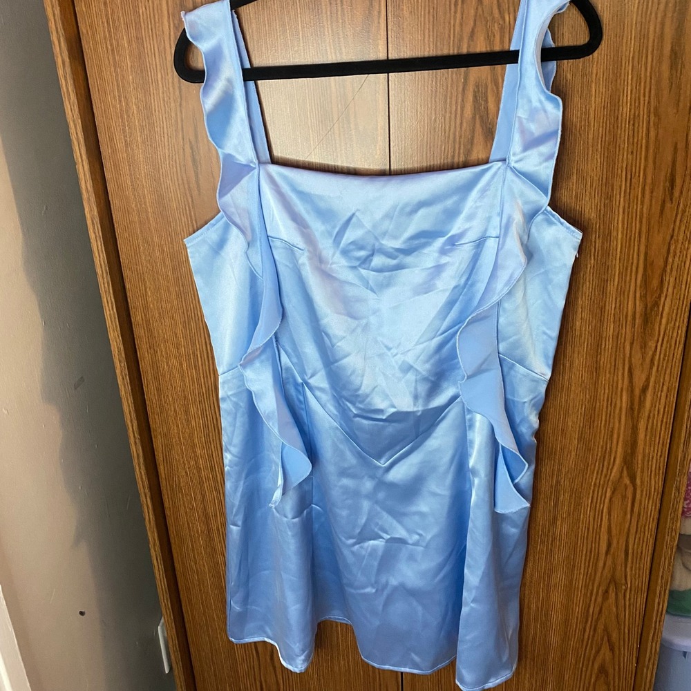 Forever 21 Satin Mini Dress Women XL Light Blue Ruffle Trim Square Neck Frill